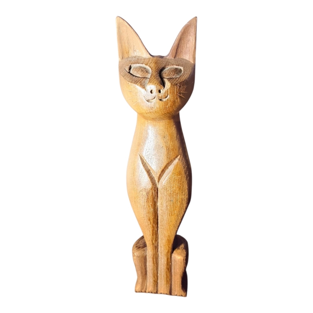 Vintage MCM Handcrafted Wooden Cat Figurine - Brown